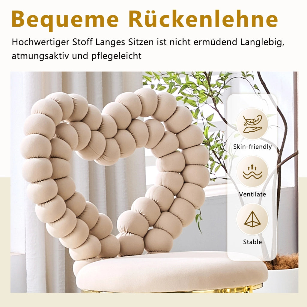 Chaise da pranzo 2 pezzi con schienale a cuore traforato in velluto e gambe in metallo nero beige chiaro