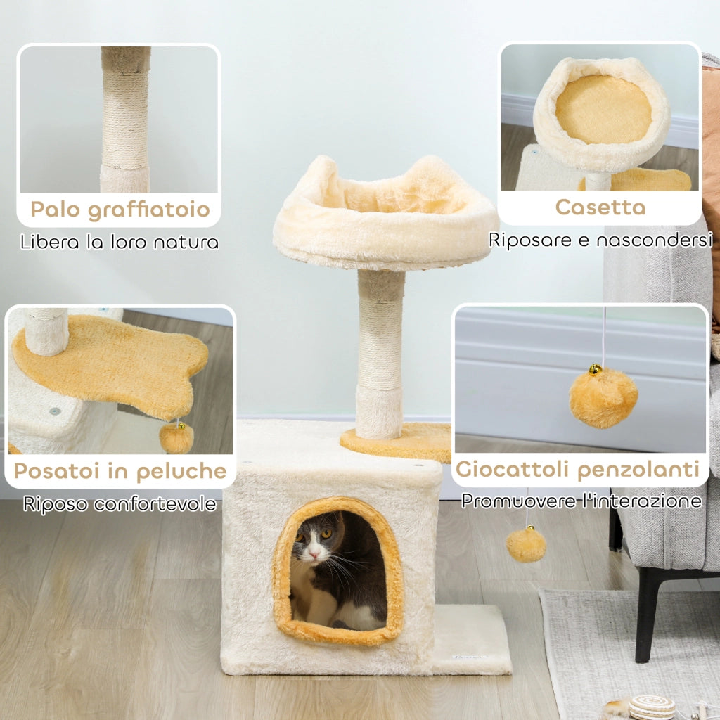 Albero Tiragraffi per Gatti con Cuccia 40x30x72cm in Sisal e Peluche Beige Giallo