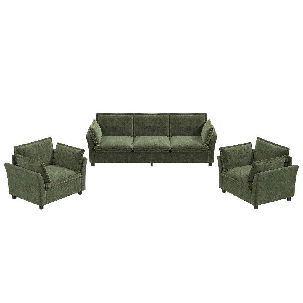 Divano modulare 3 posti con 2 poltrone in chenille con cuscini e struttura in metallo verde 220 × 81 × 87 cm
