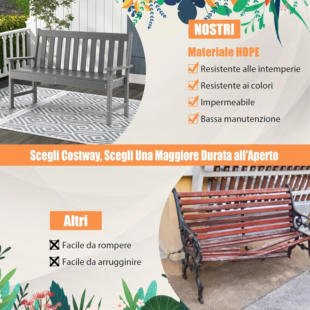 Panchina da Esterno, Panca da Giardino in HDPE Resistente con Schienale e Braccioli, Panchina da Parco, Balcone, Spogliatoio e Cortile, 132 x 65 x 91 cm (Grigio)