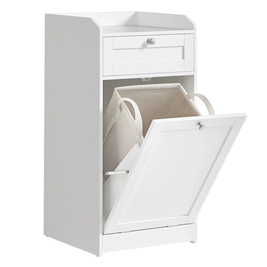 Mobiletto da bagno con cesto portabiancheria e contenitore dotato di 1 cassetto e 1 sacco interno portabiancheria estraibile con manici 40 x 40 x 80,2 cm bianco 12_0006485