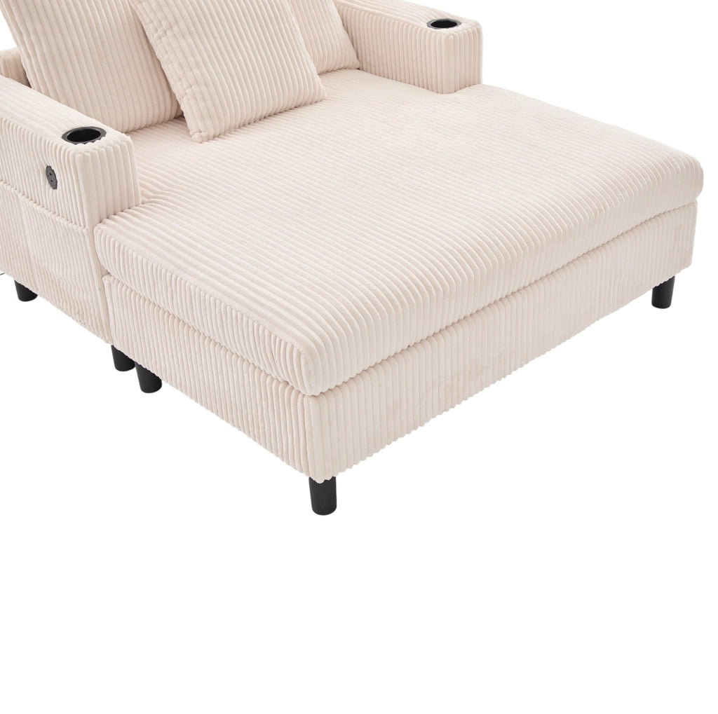 Poltrona relax 142x128x85 cm con LED; USB e portabicchiere in velluto a coste beige