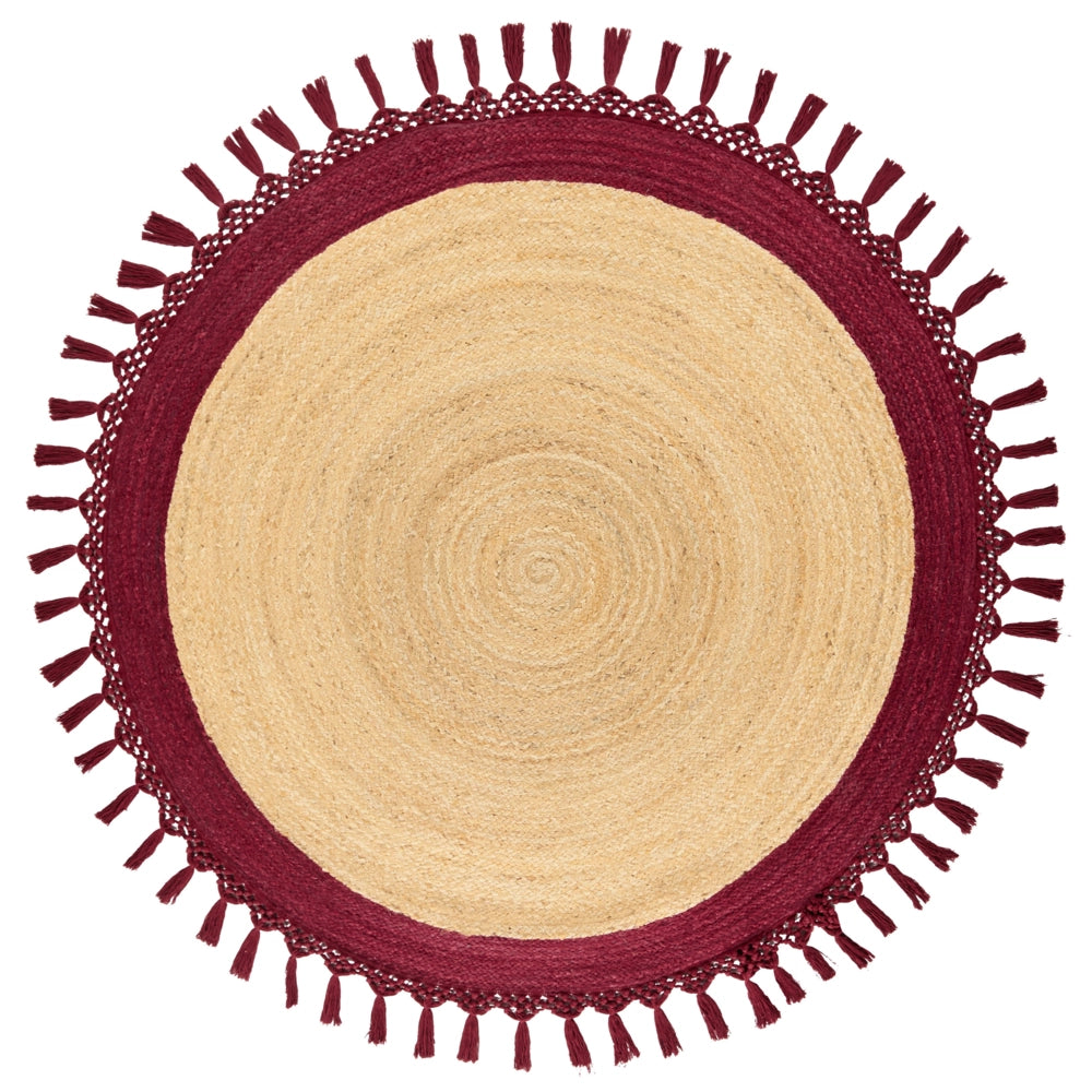 Tappeto Beige e Rosso Rotondo 140 cm Boho Rustico Spirale Intrecciato Fatto a mano Juta Naturale Camera da letto Soggiorno