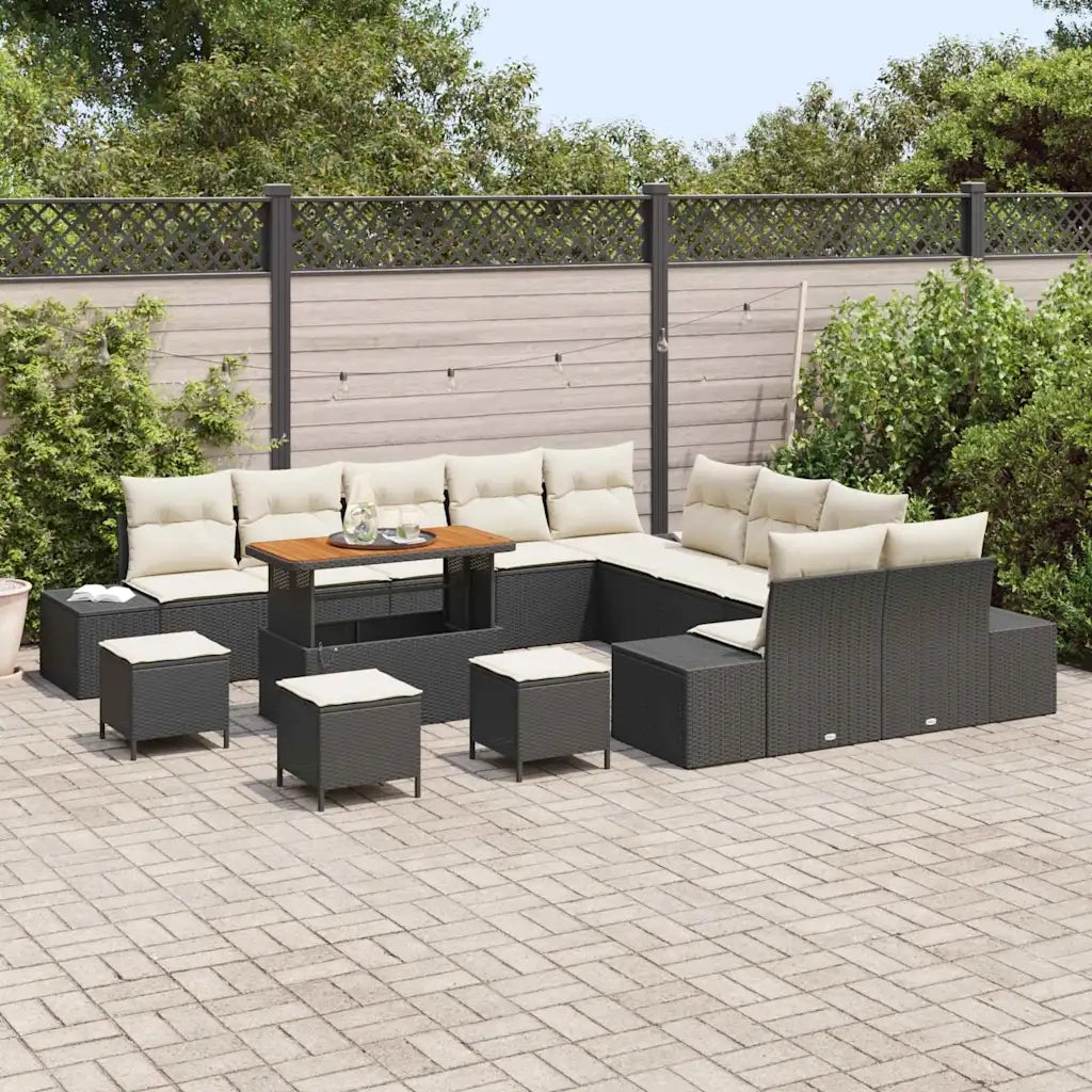 Set Divano da Giardino con cuscino 14 pcs Nero Poly Rattan