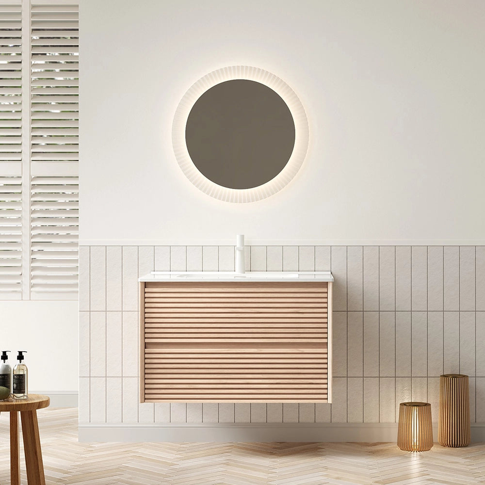 Mobile lavabo a parete con vaso in ceramica - Xylo - 81 cm - Colore legno cannella - 2 cassetti pre-assemblato