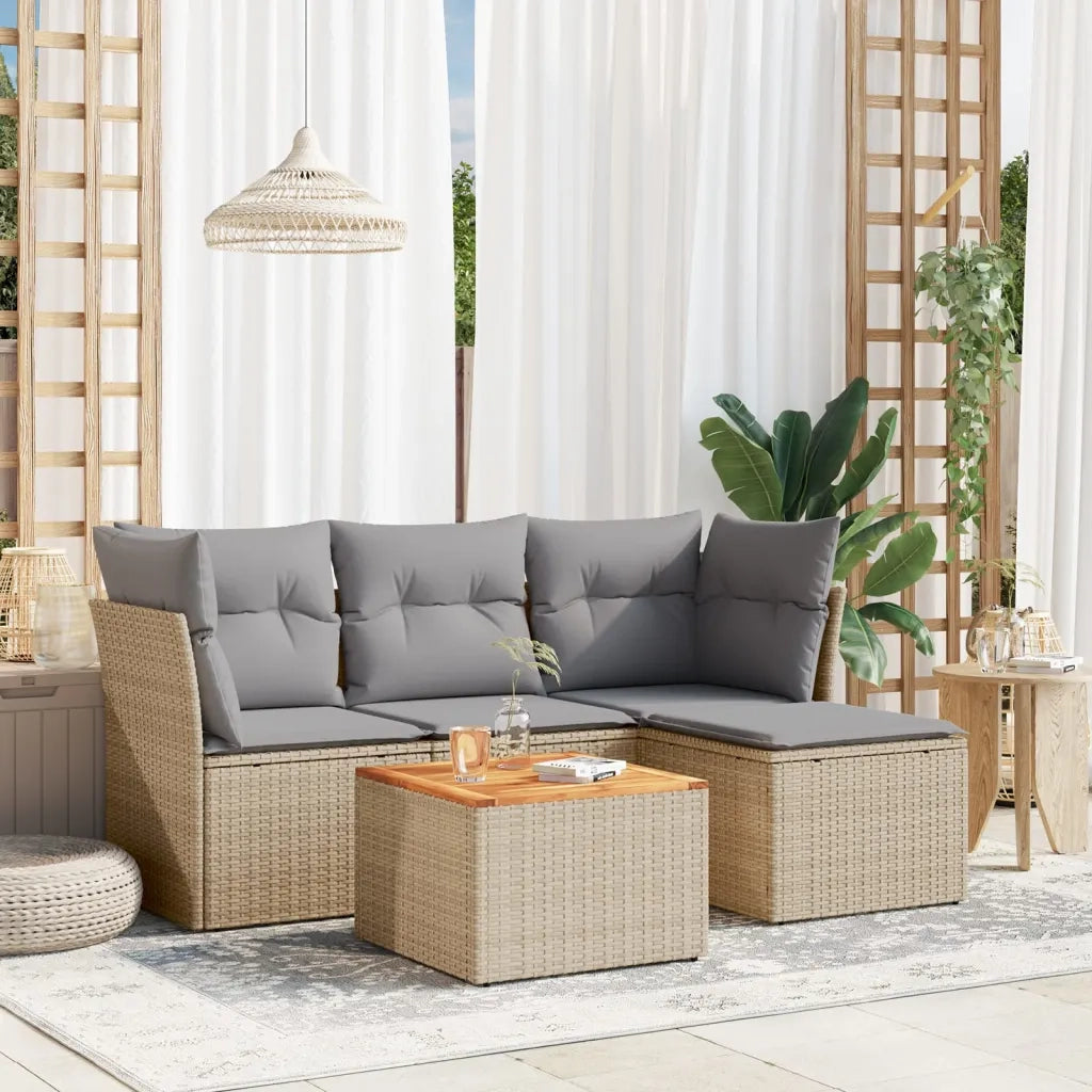 Set Divano da Giardino 5 pz con Cuscini Beige in Polyrattan