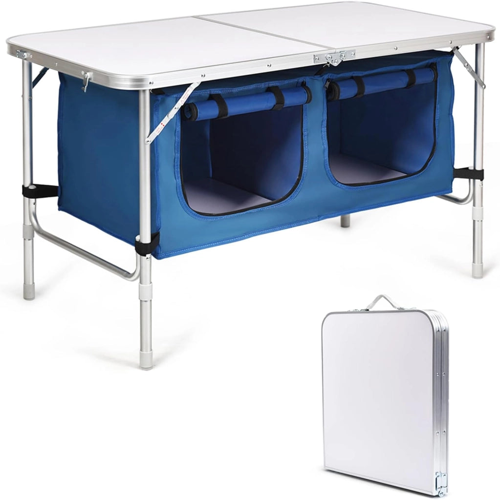 Tavolo da Campeggio Pieghevole Ultraleggero Portatile Compatto, con Scompartimenti, con Sacco di Scompartimento, per Interno e Esterno (Blu)