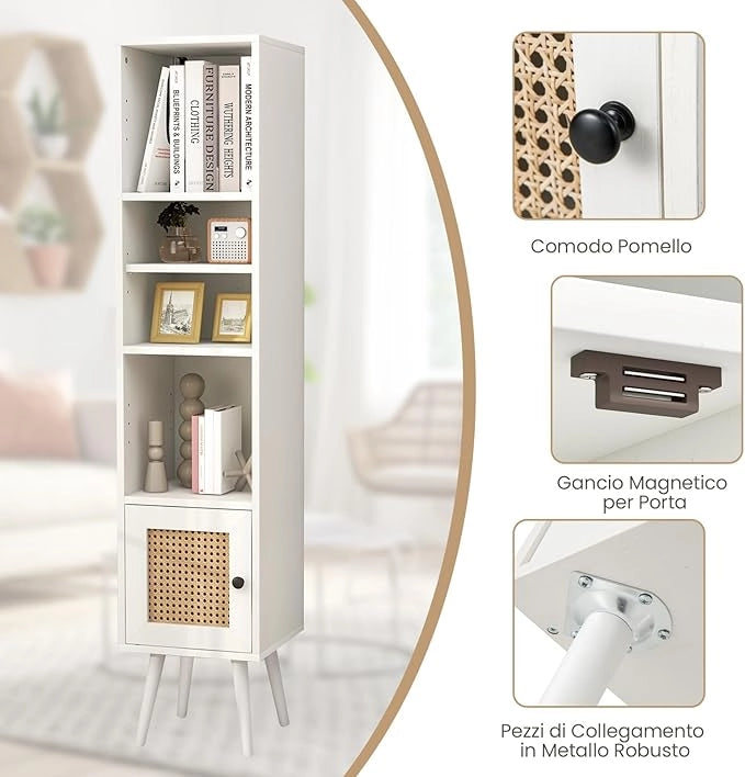 Libreria Scaffale con Anta in Rattan Naturale, Scaffale Legno in Stile Boho con 3 Ripiani Regolabili in 12 Posizioni, per Soggiorno Cucina e Camera da Letto, 29,5 x 29,5 x 137 cm (Bianco)