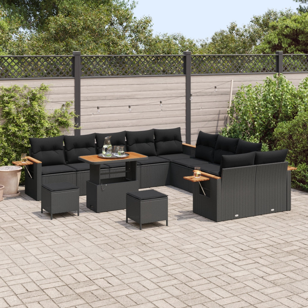 Set di Divani da Giardino  13 Pezzi con Cuscini Nero Polyrattan Acacia