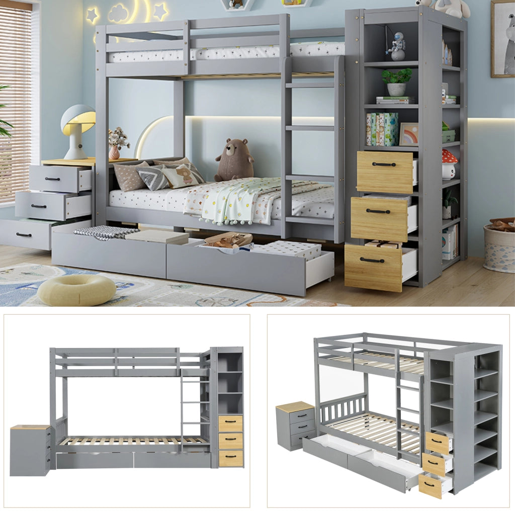 LETTO A CASTELLO 90x200 cm Legno Grigio con Cassetti e Comodino