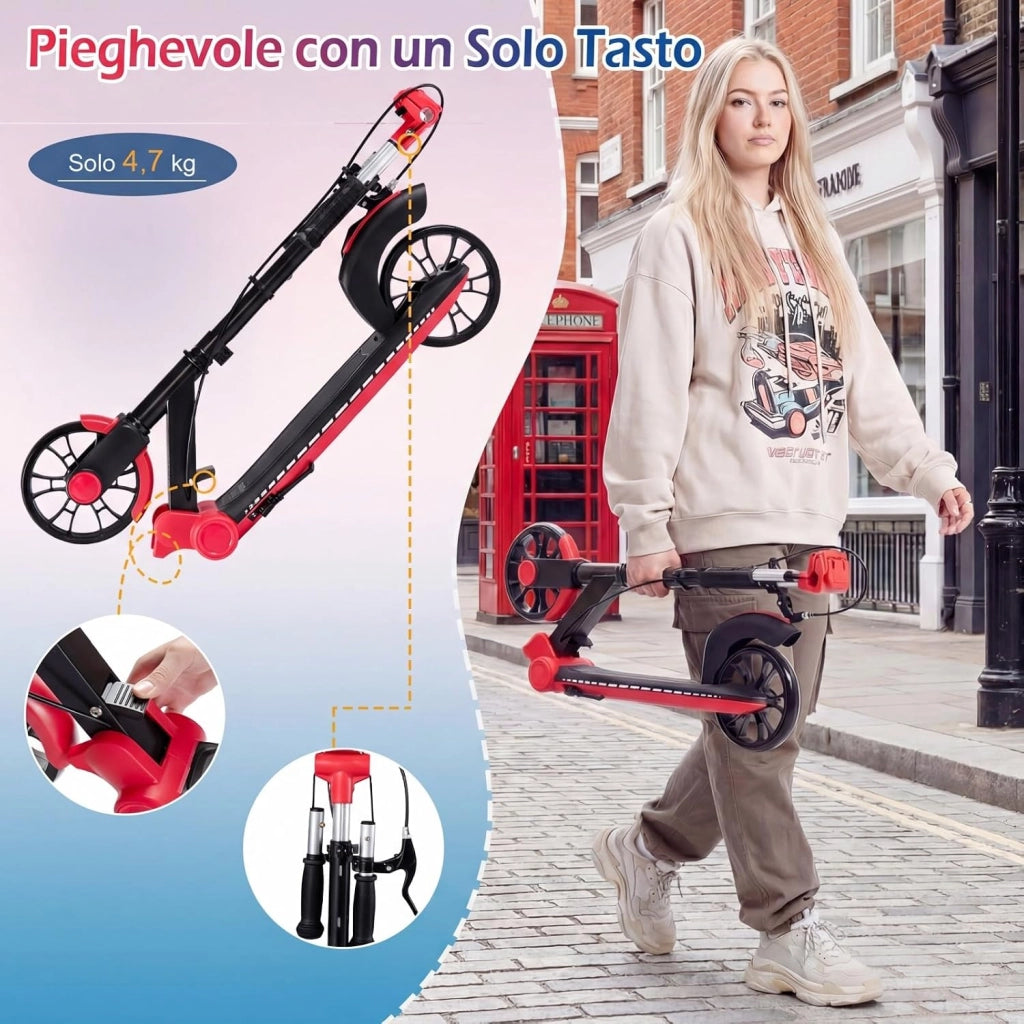 Monopattino Pieghevole con 2 Ruote Luminescenti, Manubrio Regolabile su 3 Altezze, Freno Posteriore, Cavalletto, Telaio in Alluminio Leggero e Pedana Antiscivolo, per Adulti e Bambini