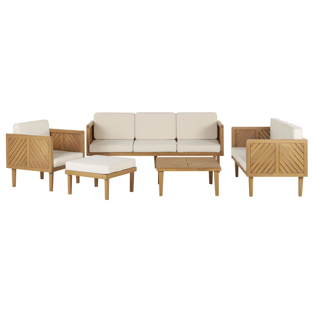 Set divani da giardino in legno di acacia cuscini beige chiaro 6 posti salotto da esterno design moderno
