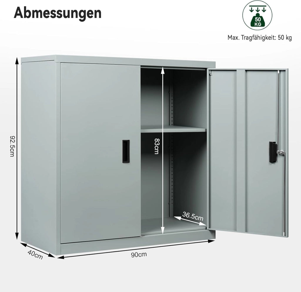 Armadio per Archiviazione con Serratura e Ripiano Regolabile in Altezza, Armadio Multiuso per Ufficio in Metallo, Grigio, L90xH92xP40 cm, ASK12gr