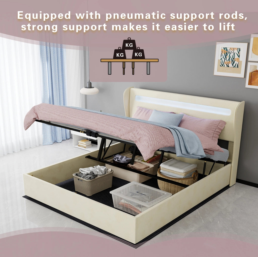 Letto imbottito ULEVR 160x200 cm con testiera regolabile e illuminazione LED multicolore, beige