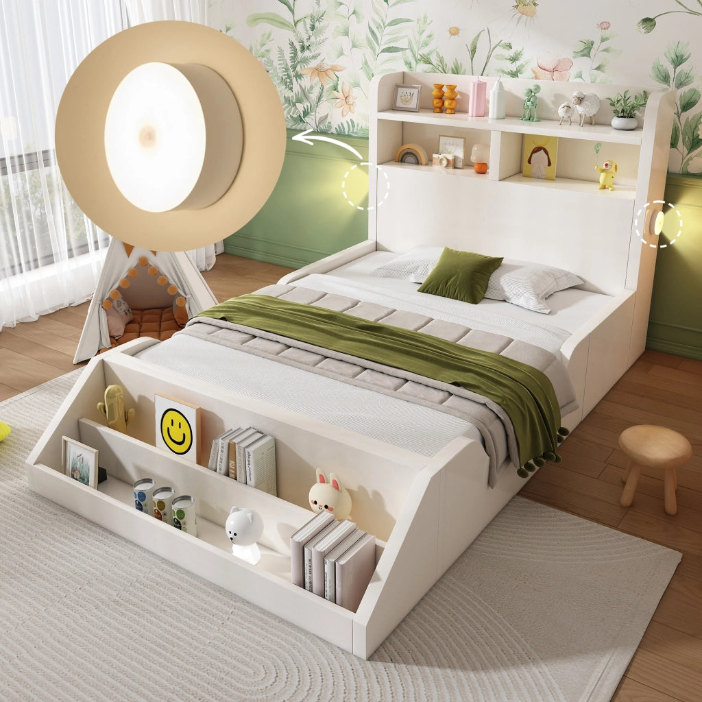 LETTO Singolo 90x200 cm Bianco con ripiani, libreria e luci notturne