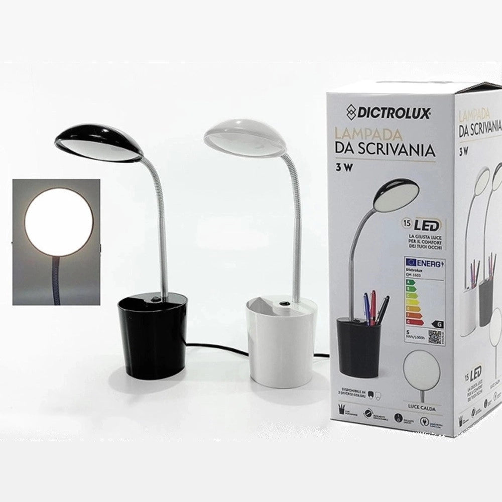 Trade Shop - Lampada Da Tavolo Scrivania Con Portapenne 3 Watt 15led 16v A Luce Calda In 2 Colori -