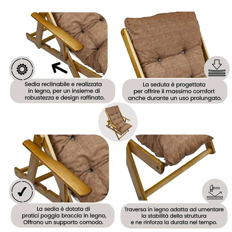 MAURY'S POLTRONA RELAX MARRONE TINTA UNITA COMODONA IN LEGNO 3POSIZIONI CON CUSCINO IMBOTTITO