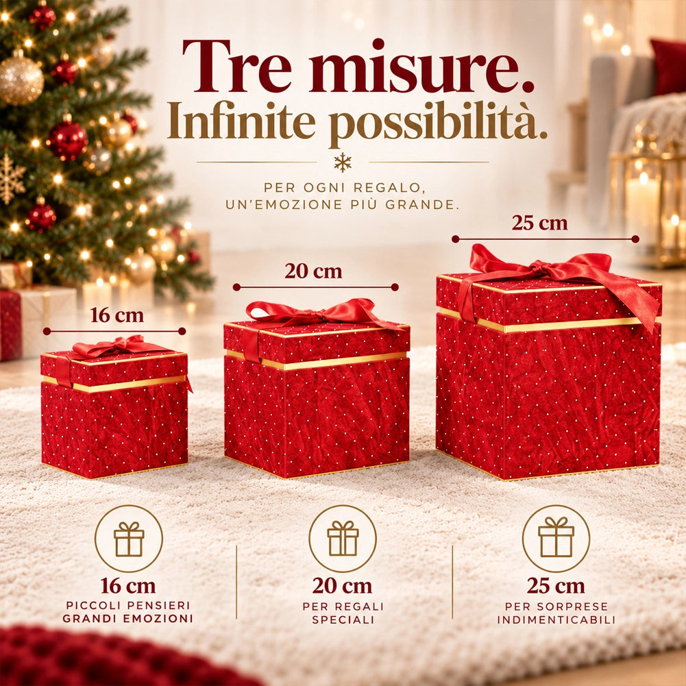Set 3 Scatole Quadrate Decorazione Natalizia Rosso 16/20/25cm Scatola con Fiocco