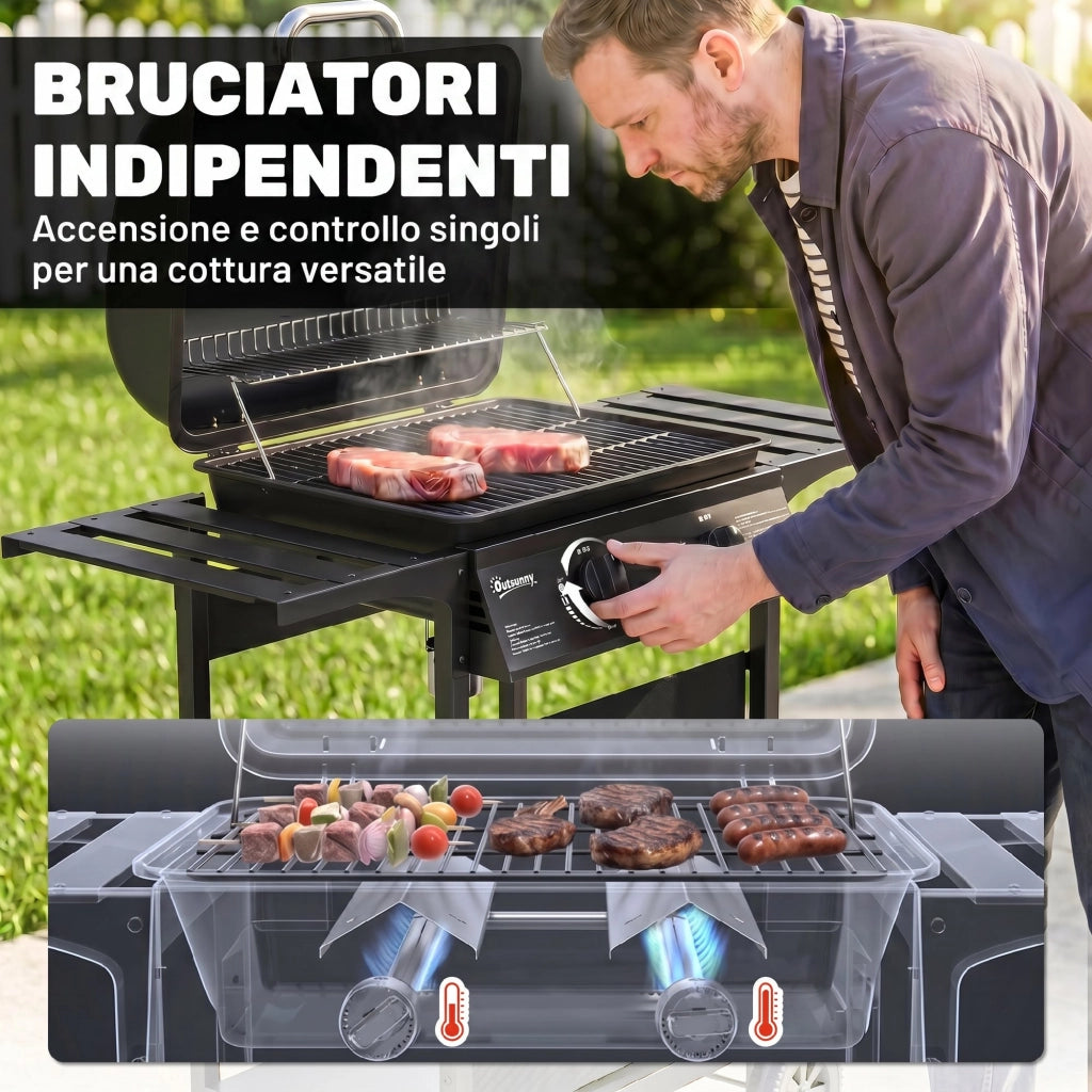 Barbecue Gas, 2 Bruciatori, Tavolini Laterali, Vassoio Raccogli Grassi, Nero.