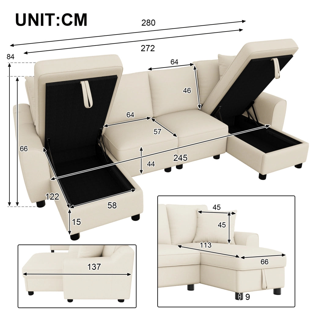 Divano a U 2 posti in ciniglia beige con doppia chaise longue contenitore e cuscini inclusi