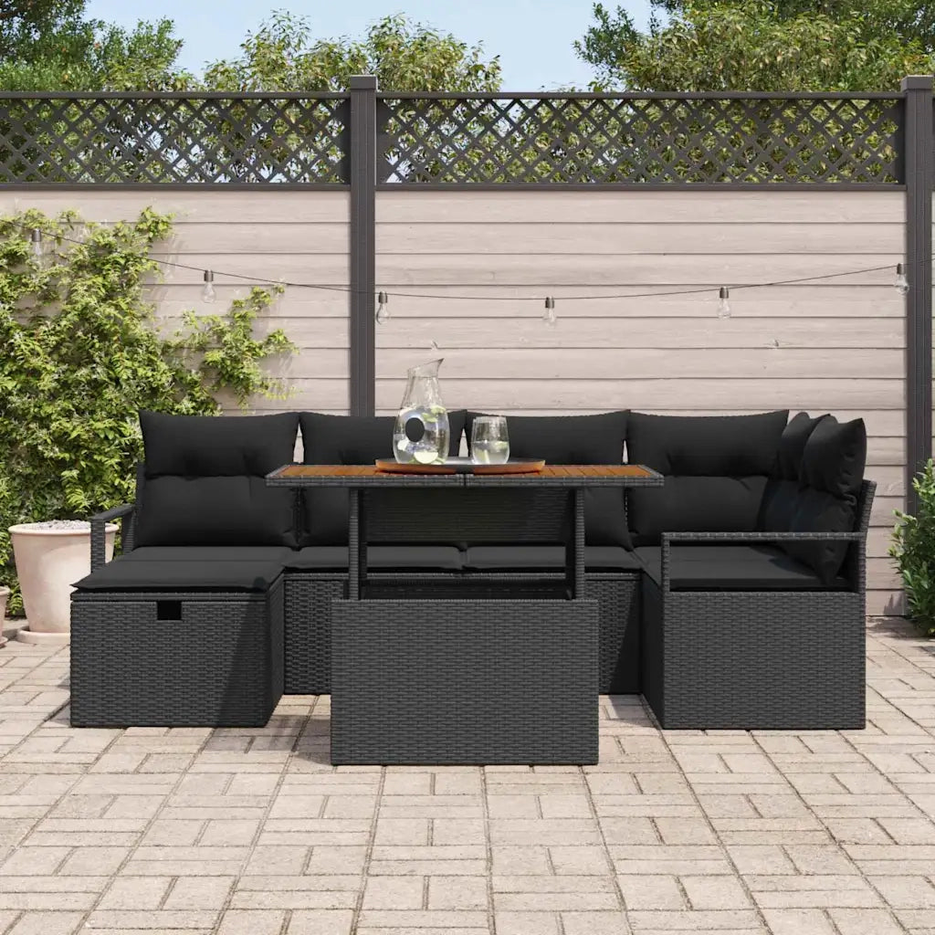 Set Divano da Giardino con cuscino 7 pcs Nero polyrattan
