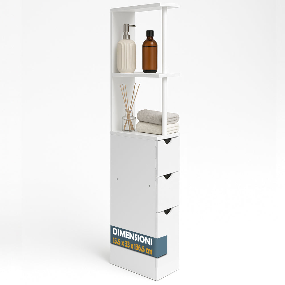 Mobiletto Salvaspazio Bagno Multiuso 33x15x136 cm in Legno Bianco