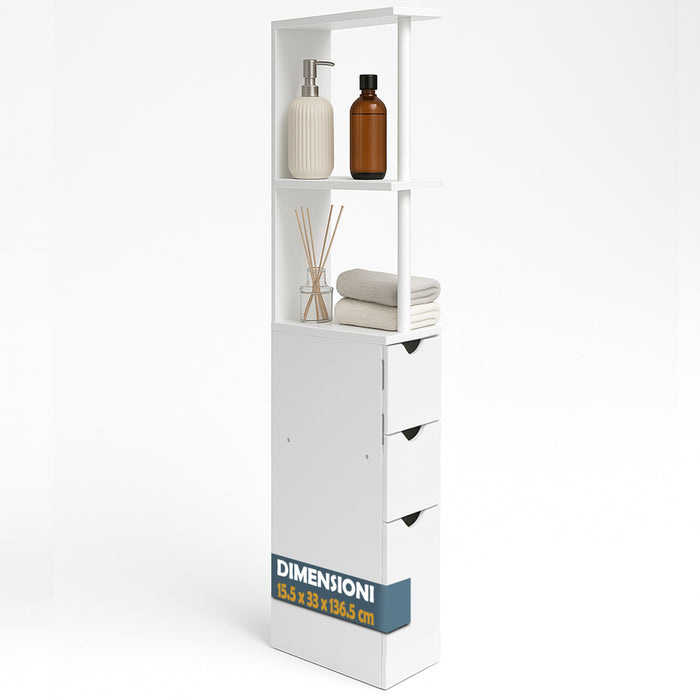 Mobiletto Salvaspazio Bagno Multiuso 33x15x136 cm in Legno Bianco