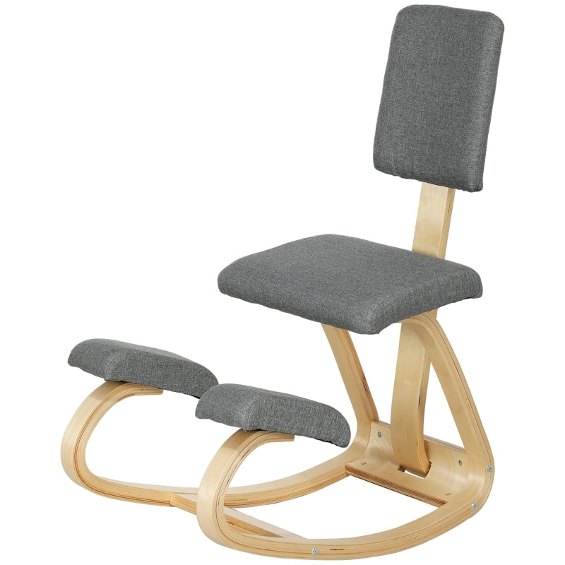 Sedia ergonomica inginocchiata con schienale e base oscillante in legno di betulla e poliestere grigio