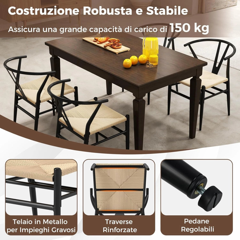 Set di 2 Sedie Sala da Pranzo, Sedie Impilabile Moderna in Metallo con Seduta Intrecciato, Schienale a Forma di Y e Braccioli, Poltrone per Ufficio, Cucina e Ristorante (Nero e Naturale)