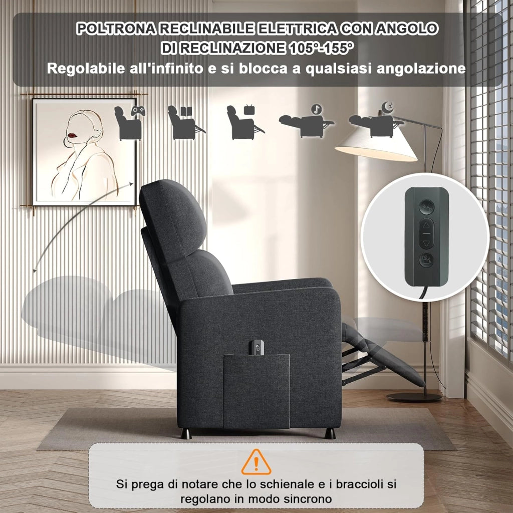 Poltrona Relax Elettrica, Ergonomica Reclinabile 90°-165°, Poltrona Reclinabile con Schienale e Poggiapiedi Regolabile, Poltrone per Soggiorno/Ufficio, con Tasconi Laterali, Grigio