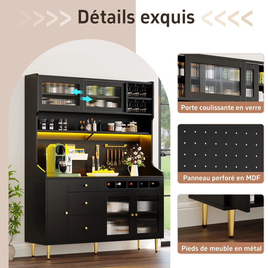 Credenza Alta con Ripiani Regolabili; LED USB e Portabicchieri; per Cucina o Soggiorno; in Vetro e MDF; Nero; 145x39x171 cm