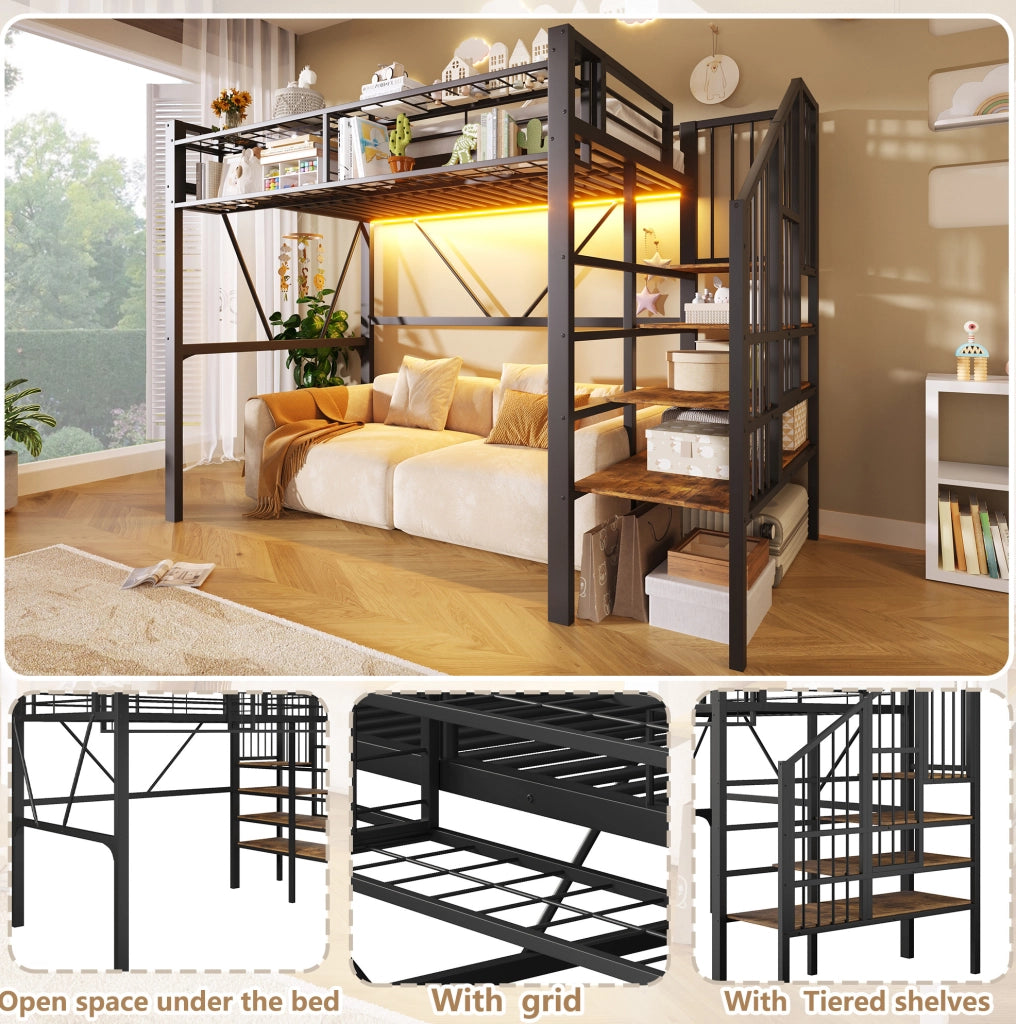 Letto a soppalco 90x200 cm con LED; ripiani a scala in metallo e MDF; nero