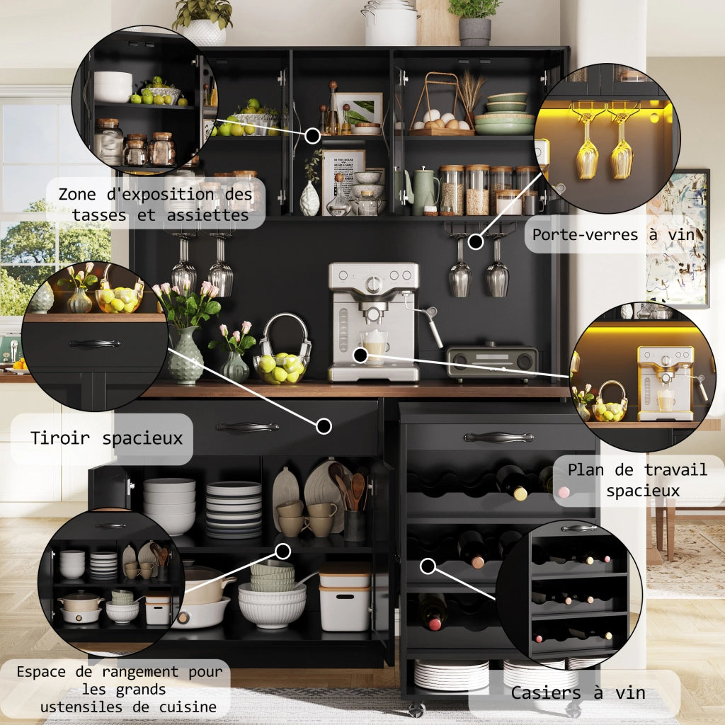 Mobile Credenza con LED e Portabottiglie ¨C MINIMAL ¨C Bianco/Nero/Legno