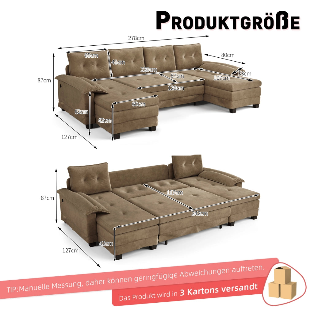 Divano modulare a U convertibile con USB, 4 cuscini, ciniglia khaki 278 × 127 × 87 cm