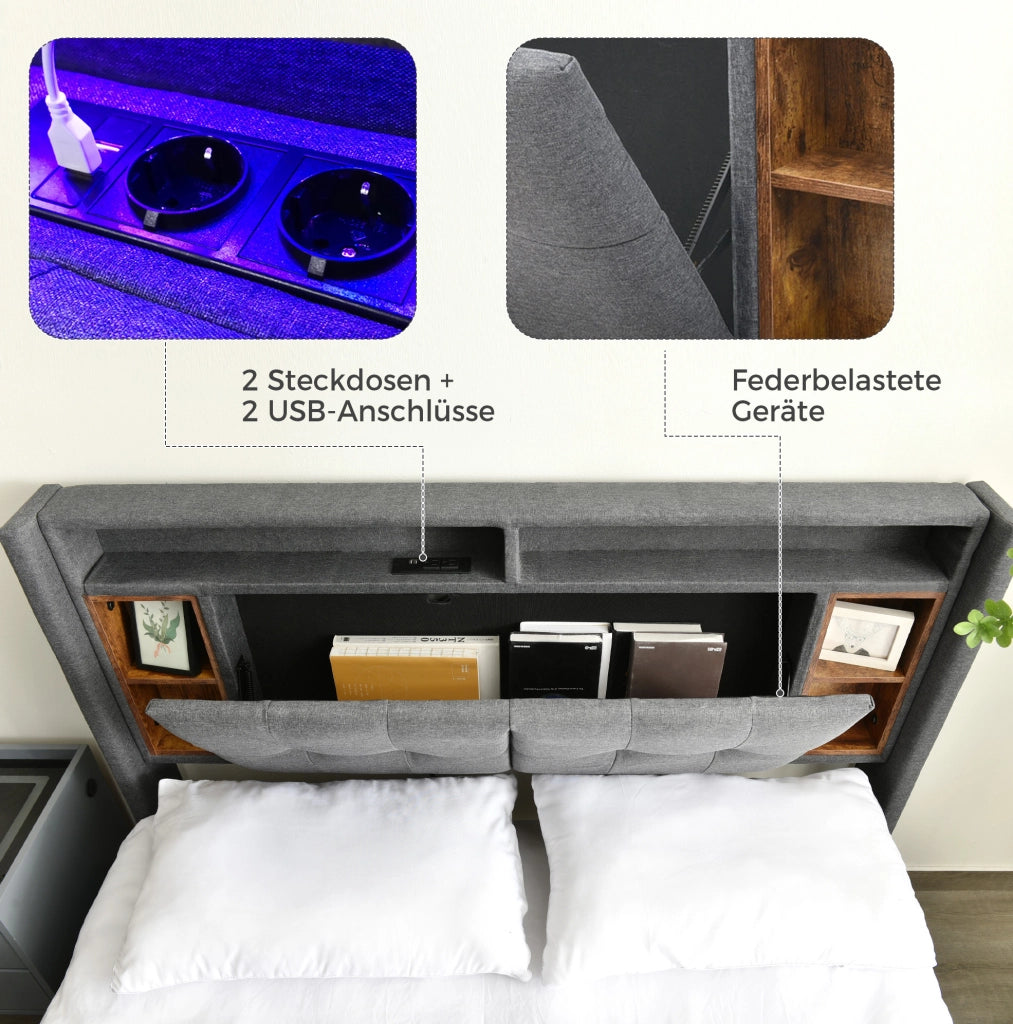 Letto matrimoniale imbottito 160x200 cm con testiera contenitore; USB e LED; grigio