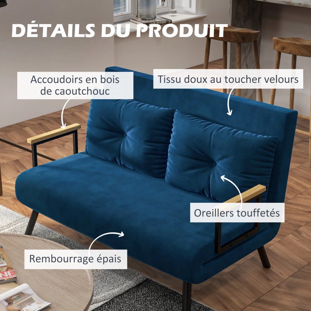 Divano letto 2 posti con cuscini e schienale regolabile ¨C zephmum ¨C blu velluto