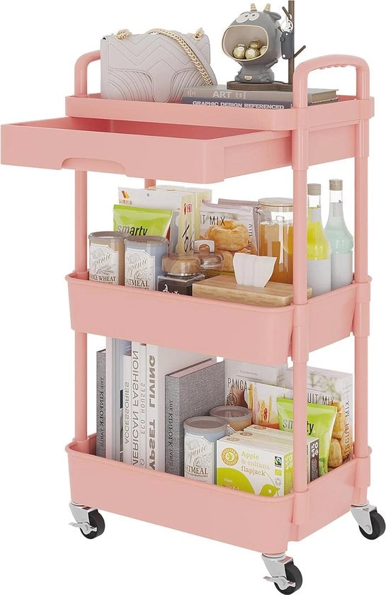 Carrello multifunzionale a 3 livelli per cucina, bagno e soggiorno in rosa
