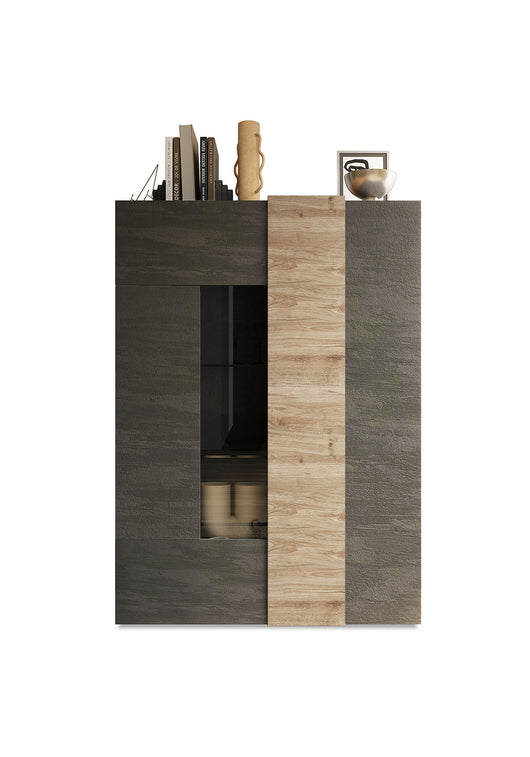 Vetrina Mobile Soggiorno Alto 2 Ante Senza Luci Venus 121x44x169 cm Titanio E Rovere Cadiz