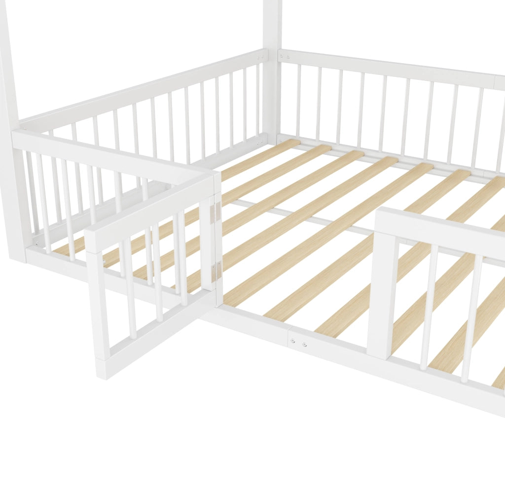Letto 140x200 cm a casetta con sponde e porticina in metallo bianco