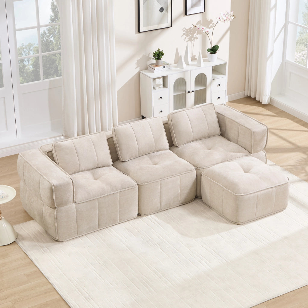 Divano modulare angolare ULEVR 3 posti con pouf, design senza telaio e seduta profonda, beige