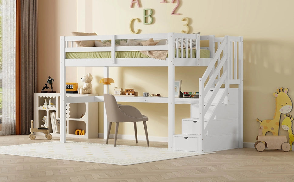 DESMIU Letto a Soppalco 1 Posto con Contenitore, Scrivania e Scala 90 × 200 cm, Senza Materasso, Bianco