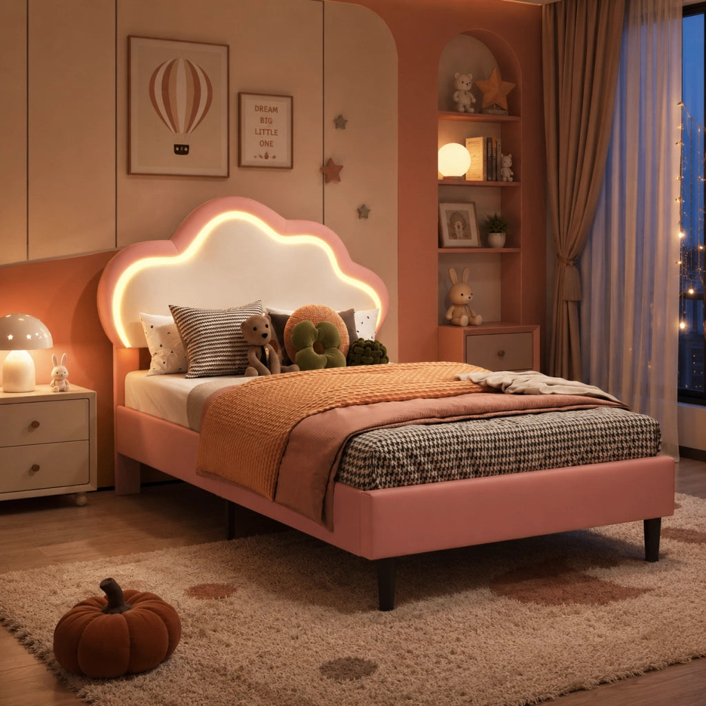 Letto per bambini 90x200cm con testiera a nuvola regolabile, rivestimento ecopelle rosa, luci RGB LED, telecomando e app, struttura robusta per camera da letto