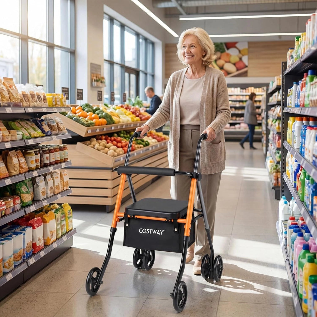 Deambulatore per Anziani Pieghevole, 2 in 1 Girello con Seduta a 3 Livelli, Sacchetti Portaoggetti e Impugnatura Ergonomica, Rollator Deambulatore Portatile per Intreno ed Esterno
