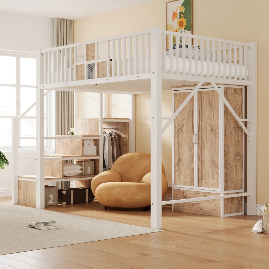 Letto a soppalco in metallo e legno con armadio, cassetti e scala contenitore, bianco, 140 x 200 cm