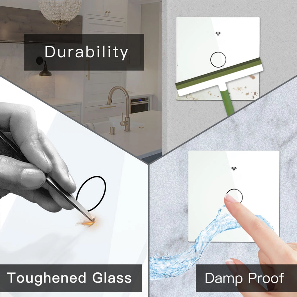 Interruttore Da Parete Touch 1 Tasto, WIFI+BLE+RF, WIFI 2.4G, RF 433MHz, Bluetooth BLE Mesh TUYA, Smart Life, 10A, AC 90-250V, 50/60HZ, 86X86X30mm Per Scatola 502, IP20, Bianco, SH9441W