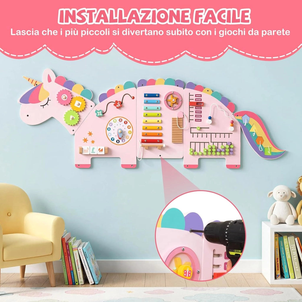 Pannelli da Parete con attività, Busy Board 11 in 1 Montessori in Legno per Sviluppo Sensoriale, Centro di attività Educativo Montato a Parete per Stanza Giochi, Asilo Nido (Unicorno)