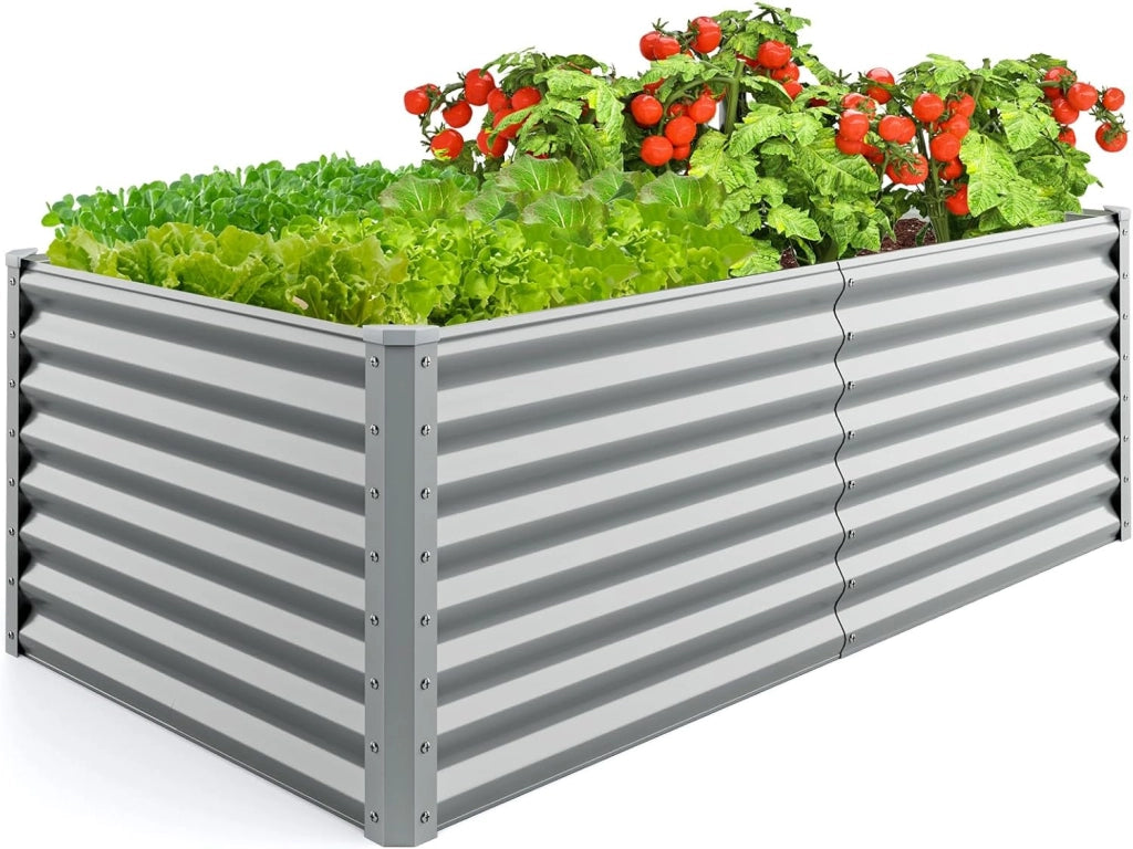 Letto da Giardino Rialzato in Metallo, Orto Rialzato con Design a Fondo Aperto, Protettori d'Angolo Rinforzati, Aiuola Rialzata da Esterno per Verdure, Fiori e Erbe Aromatiche (Grigio)