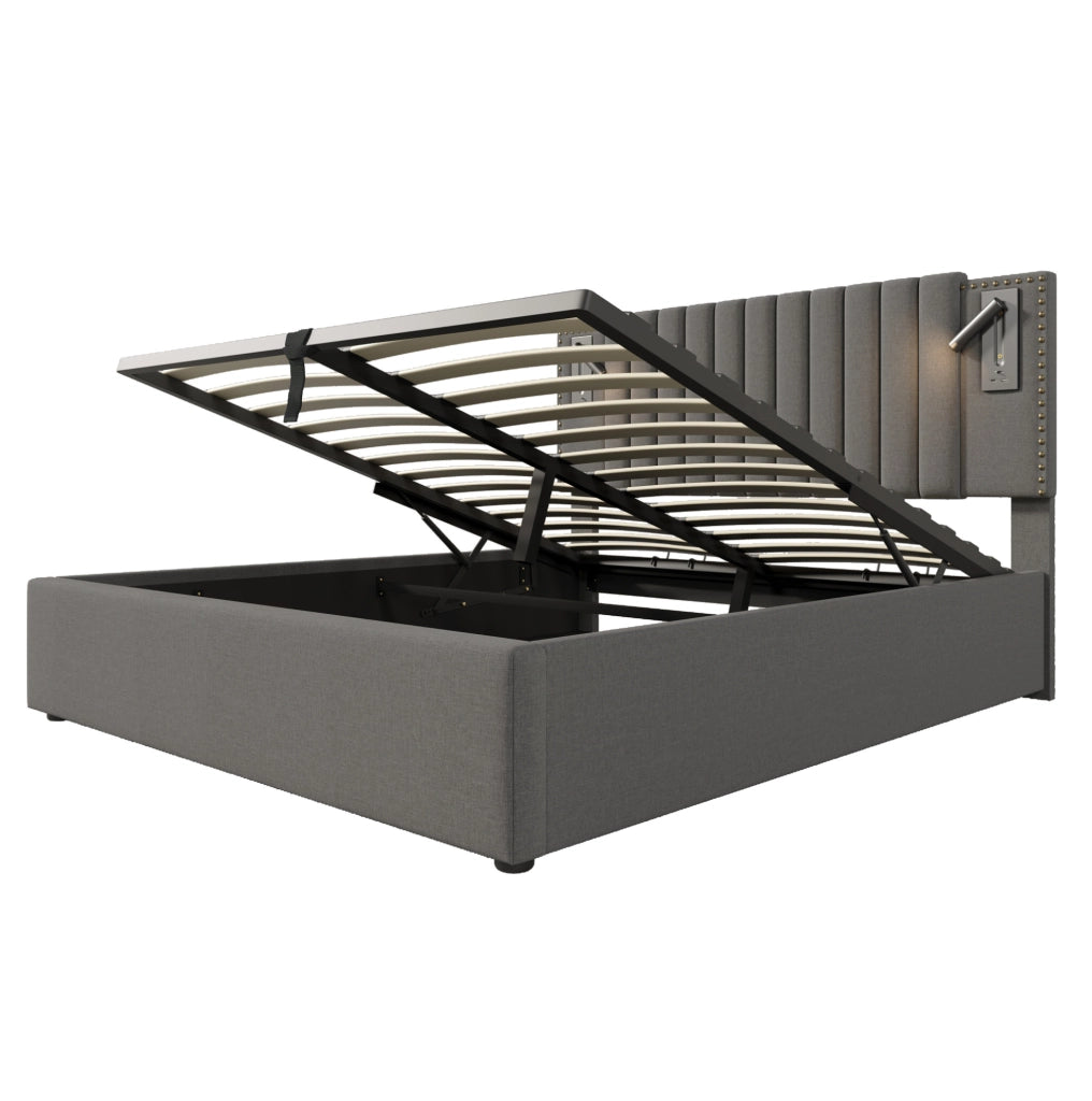 Letto matrimoniale 140x200 cm con contenitore; testiera regolabile; luce lettura e USB-Type-C; grigio