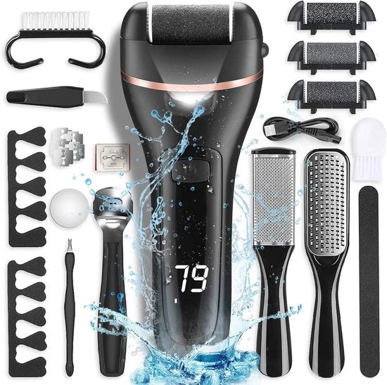 Kit di Pedicure Professionale - Elettroepilatore per Piedi, Ricaricabile e Idroimpermeabile, con 3 Testine e 2 Velocità per la Curà dei Piedi