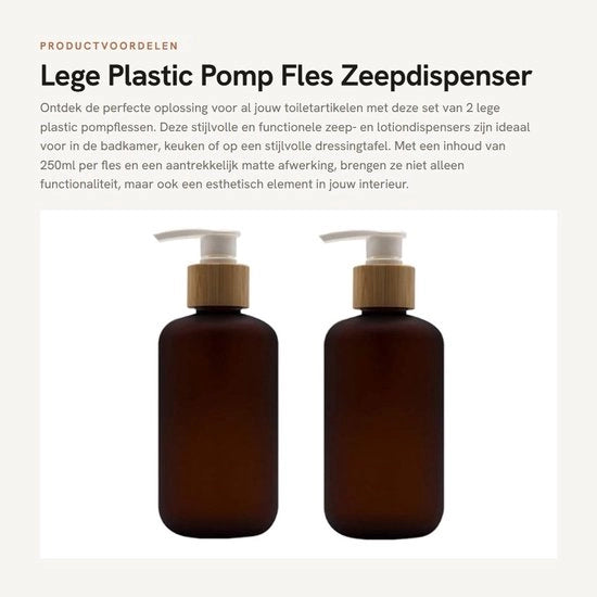 Set di Dispensatori di Sapone in Plastica da 250ml - 2 pezzi - Bottiglie in Plastica - Tappi in Legno - Ambientalmente Piatto - Riciclabile - Finitura Opaca - Dispenser per Sapone